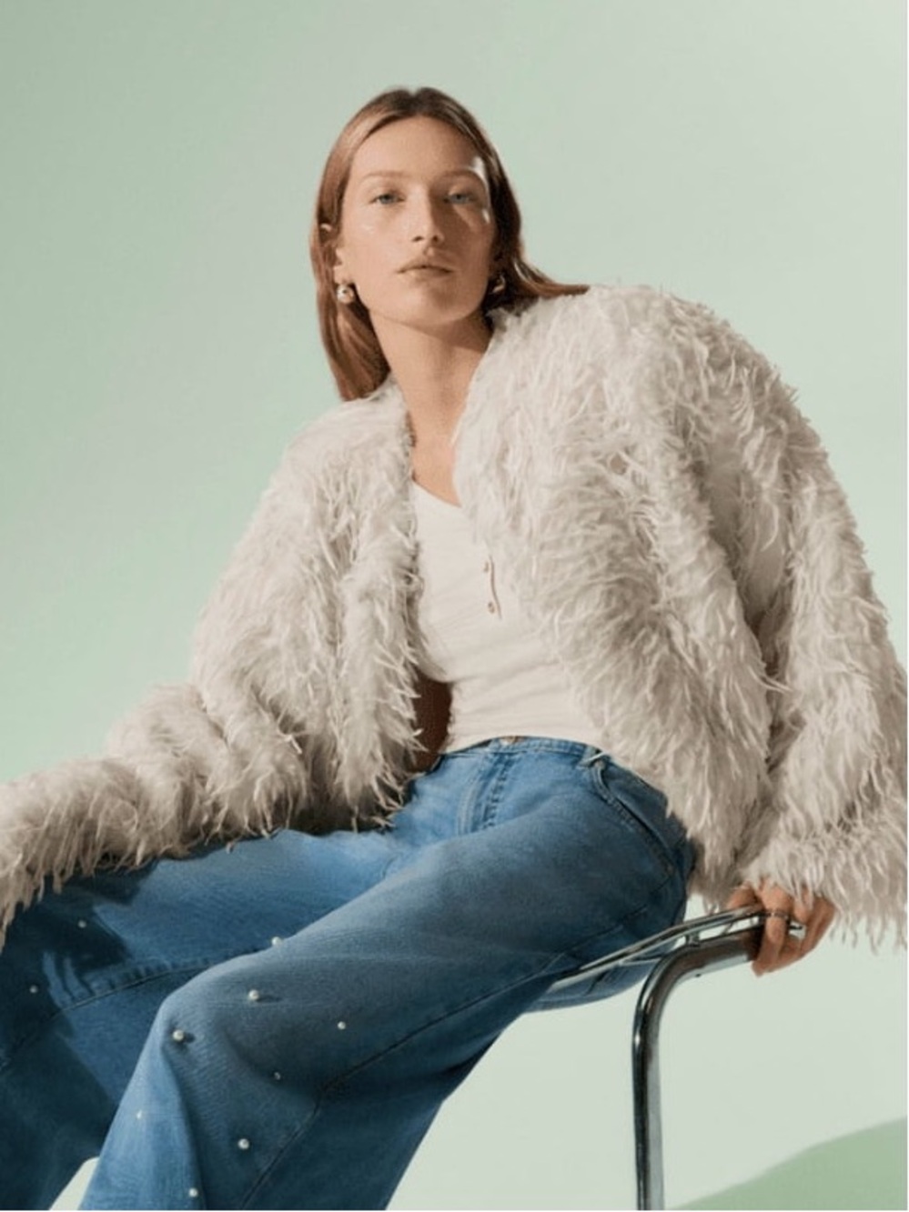 Scoop Whispy Feather Shaggy Jacket Cream Size S (4-6) Excellent Condition!!